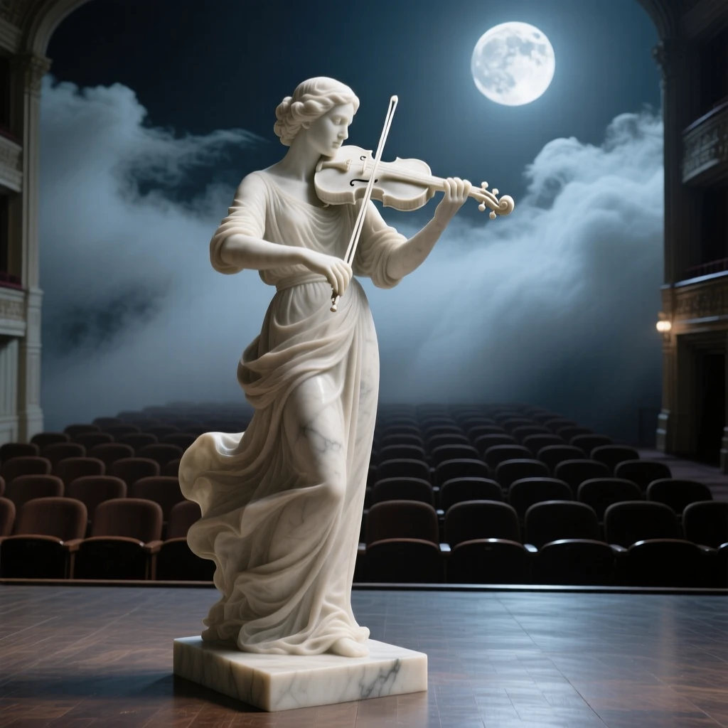 An evocative depiction of a violinist performing for an empty, moonlit theater, amid swirling clouds and mist, balancing detail with emotional depth