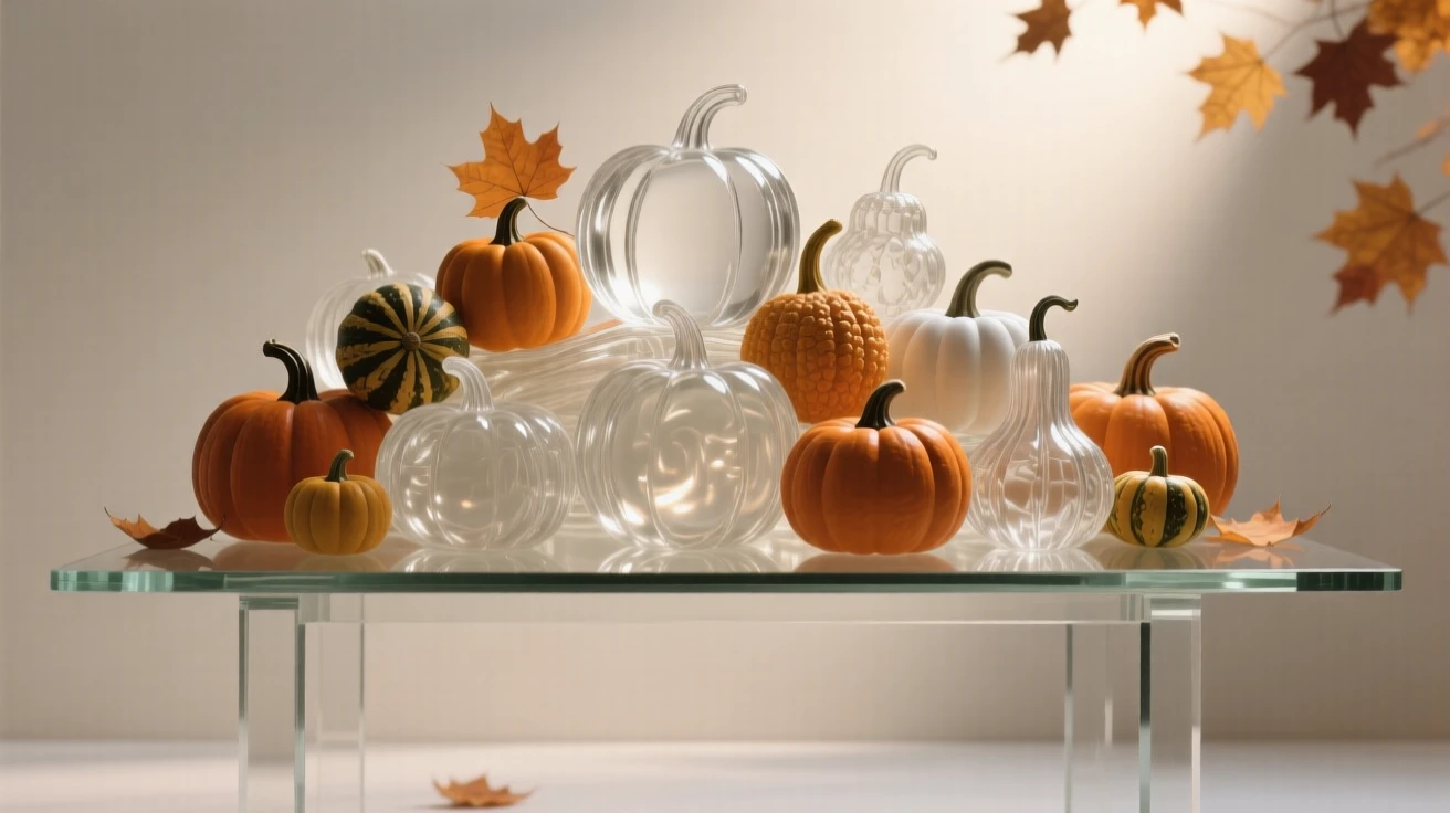 As autumn leaves drift slowly to the ground, a harvest table piled high with autumn pumpkins and gourds, while the scent of fresh baking fills the air