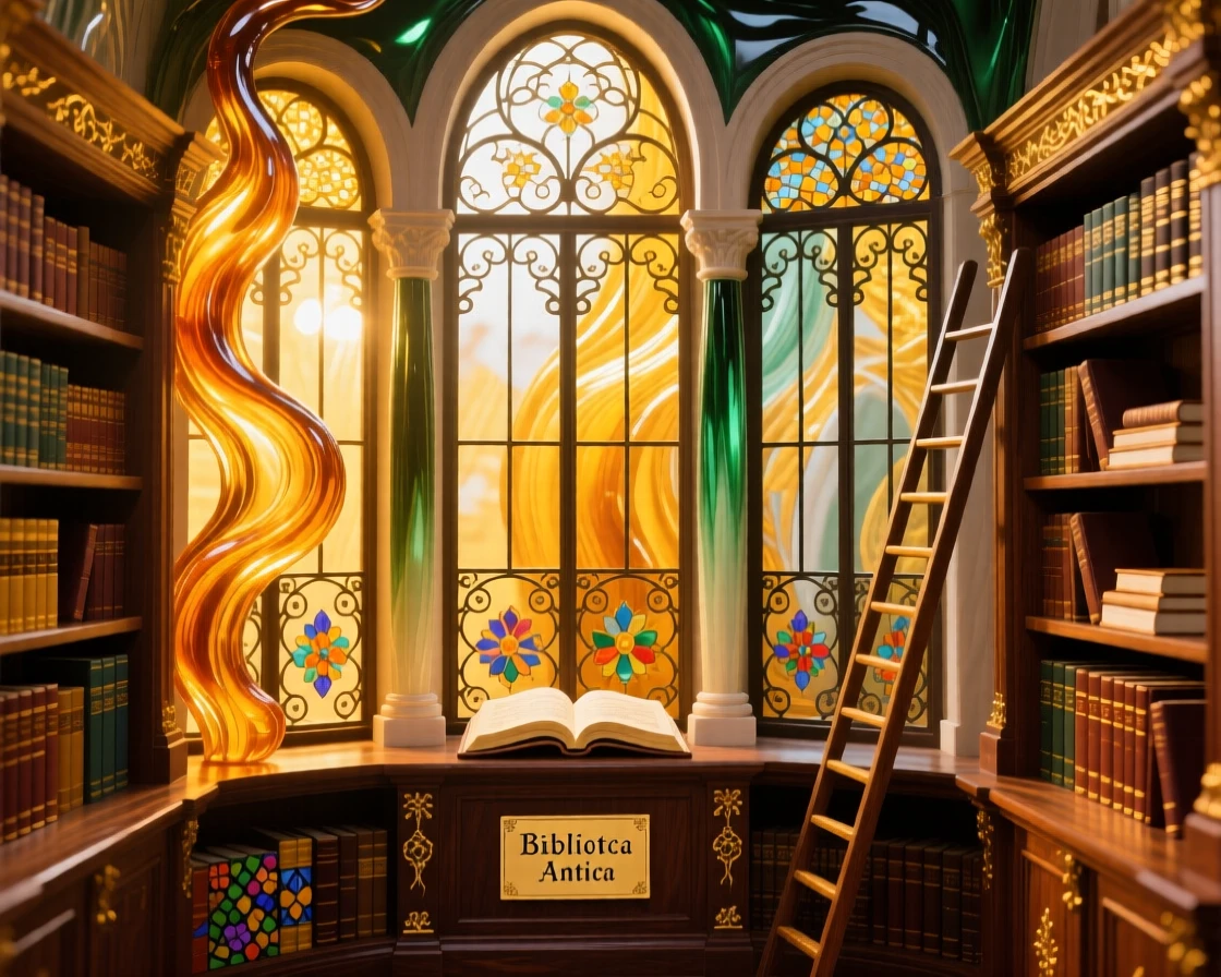 A grand old library filled with golden light streaming through tall windows, timeless and inspiring.