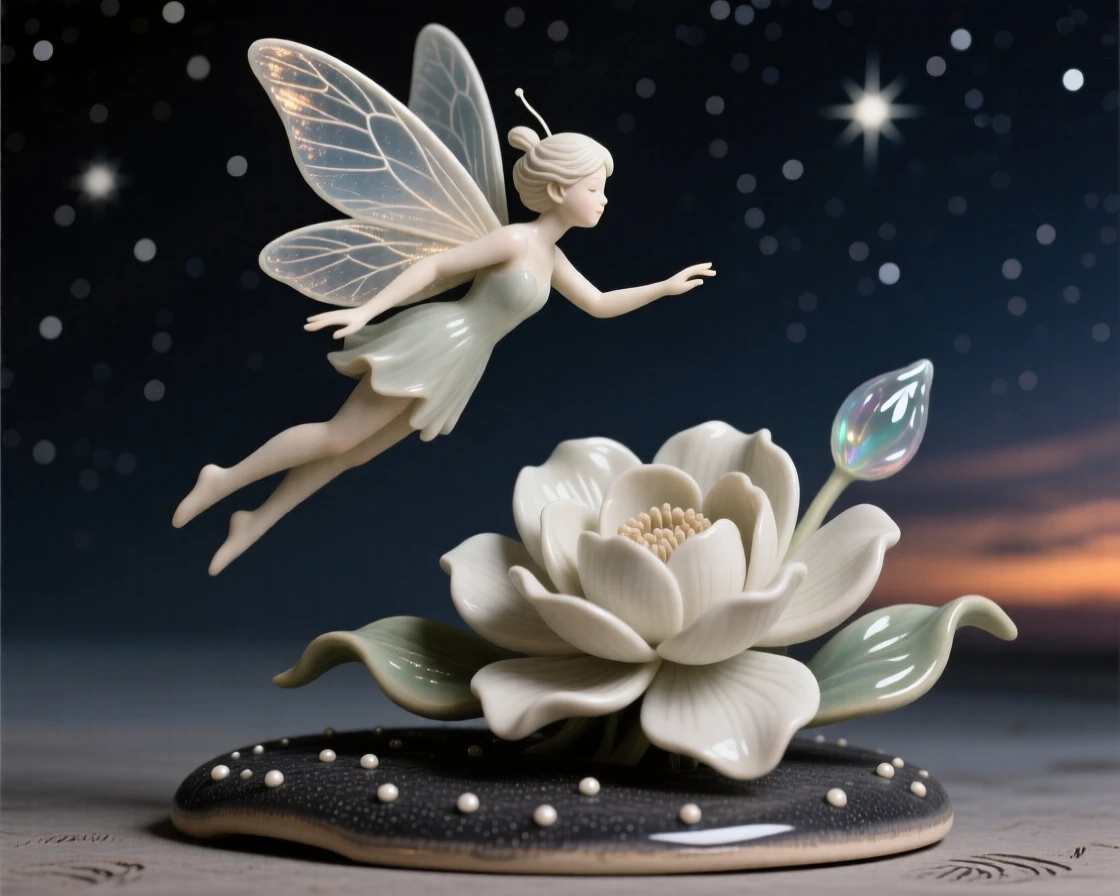 A fairy hovering above a blooming flower frozen mid-flight against a starry sky, its wings catching the last light of dusk, filling the scene with mysterious, otherworldly beauty.