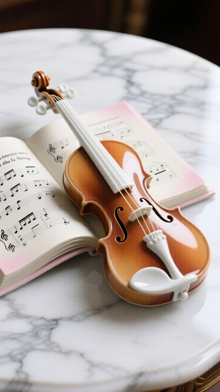 A refined still-life arrangement of a violin resting beside sheet music on a marble tabletop, rendered with rich, warm tones.