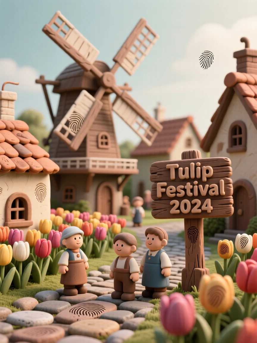 A traditional Dutch windmill village during a tulip festival