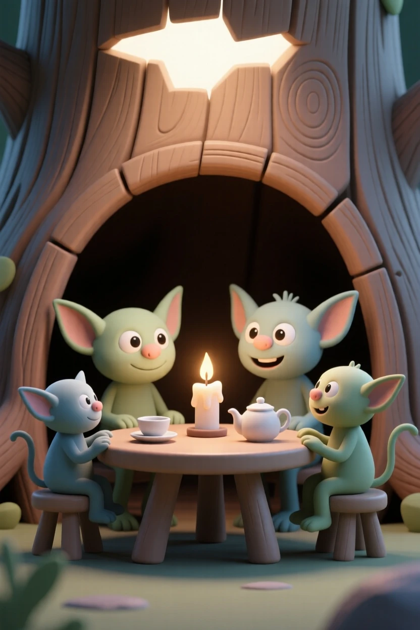 A playful gremlin family gathers around a tiny table for a candlelit tea party inside a hollow tree stump.