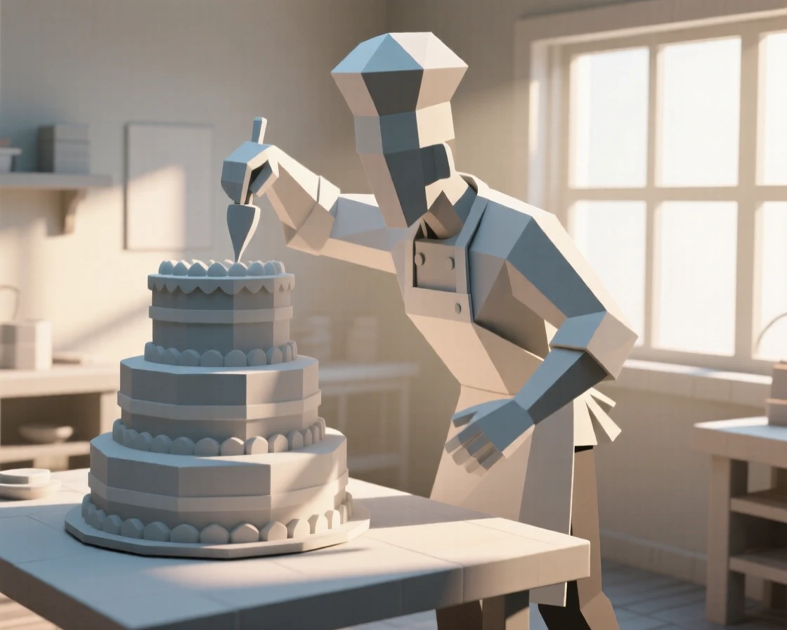 A baker decorating a beautifully layered cake, in a cozy sunlit studio. dynamic motion is captured with a clear sense of energy. The mood feels adventurous and free.