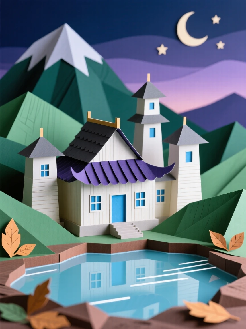 A serene mountaintop monastery glowing softly at twilight, with reflections shimmering on a nearby pool, capturing a sense of awe and craftsmanship.