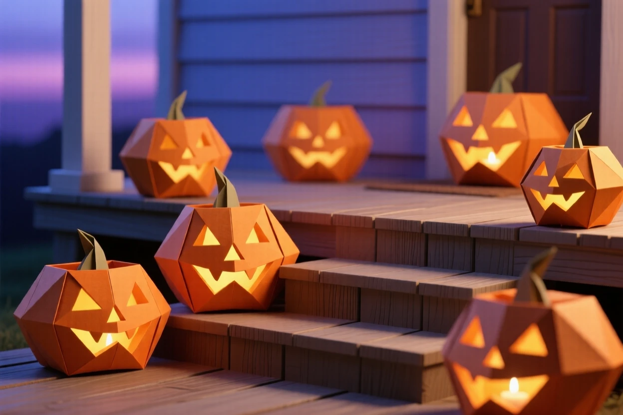 A Halloween scene with carved jack-o-lanterns glowing on a porch at dusk.