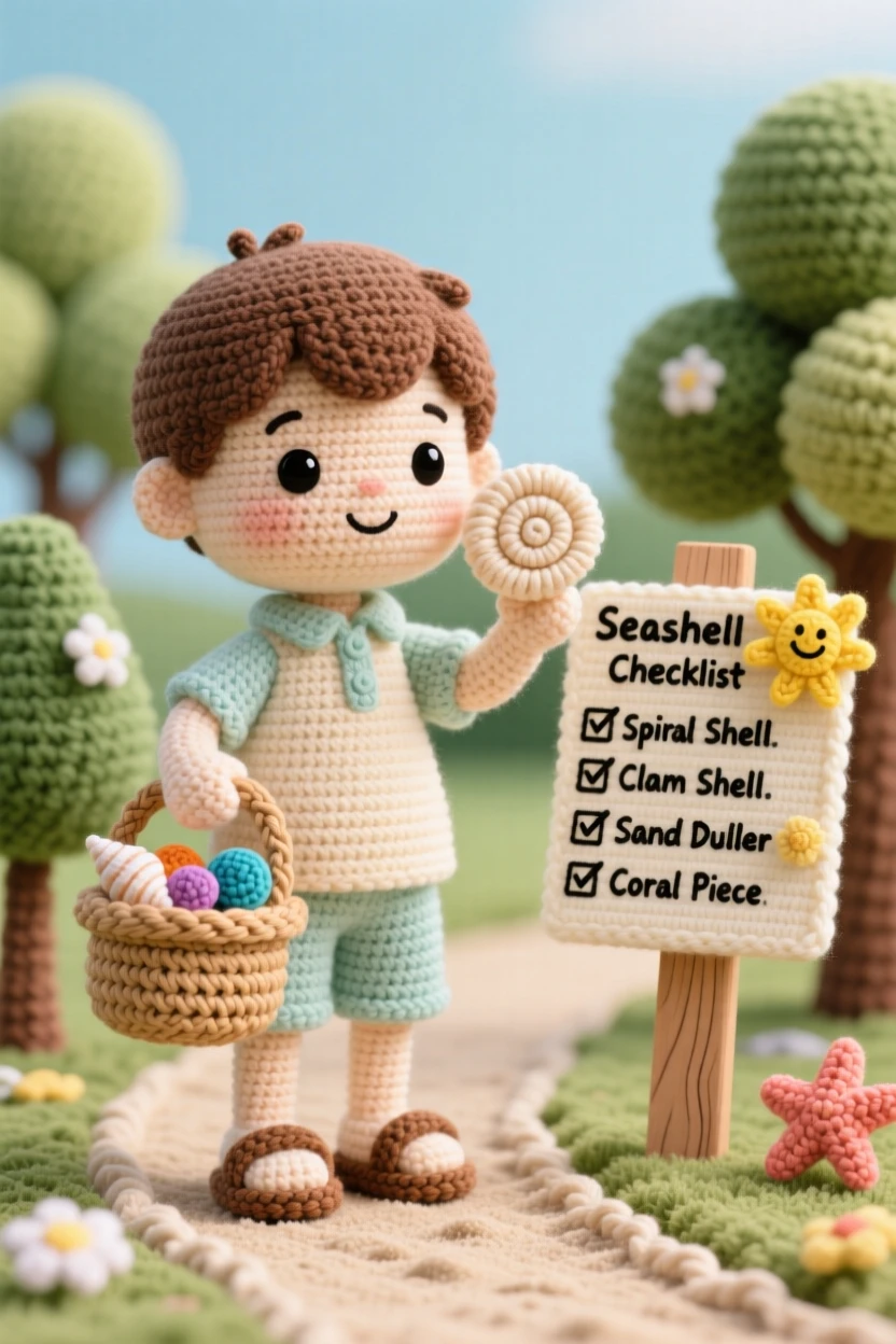 a small boy collecting seashells at low tide, with a small woven basket, examining a spiral shell closely, in a quiet park path lined with trees, with a cheerful checklist pinned to a board, radiating the simple happiness of a favorite pastime.