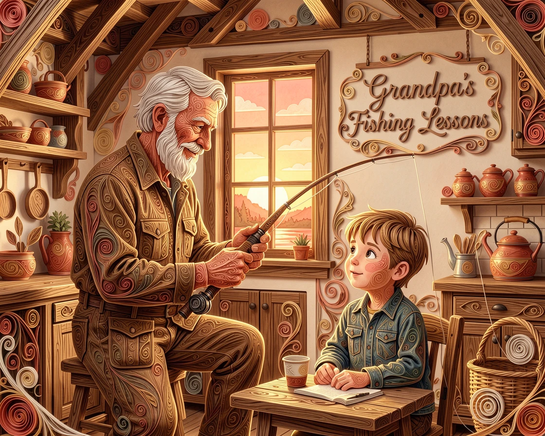 A heartwarming moment of a grandfather teaching his grandson to fish at a quiet lake in a rustic farmhouse kitchen, in warm sunset hues of coral and gold, shown from a gentle, heartfelt eye-level perspective.