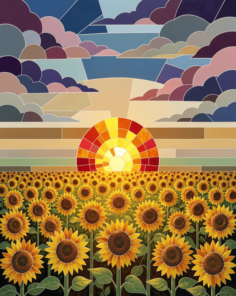 A wide panoramic view of a field of sunflowers turning toward a brilliant setting sun, with dramatic clouds and rich natural color.