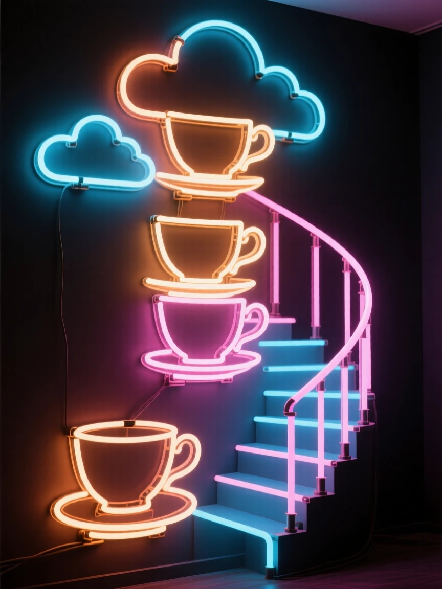 A spiral staircase made of stacked teacups leading up into the clouds.