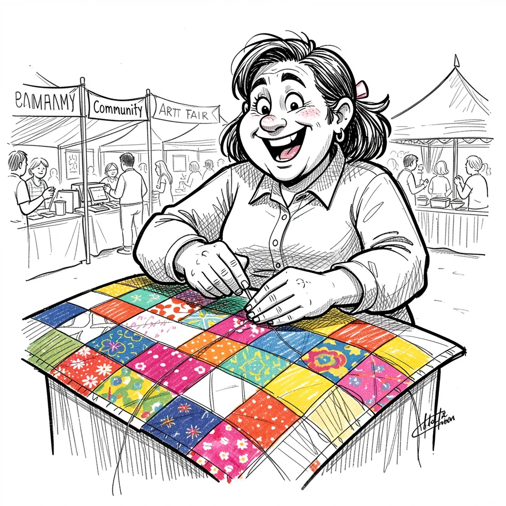 A quilter stitching together colorful fabric squares in a community art fair.