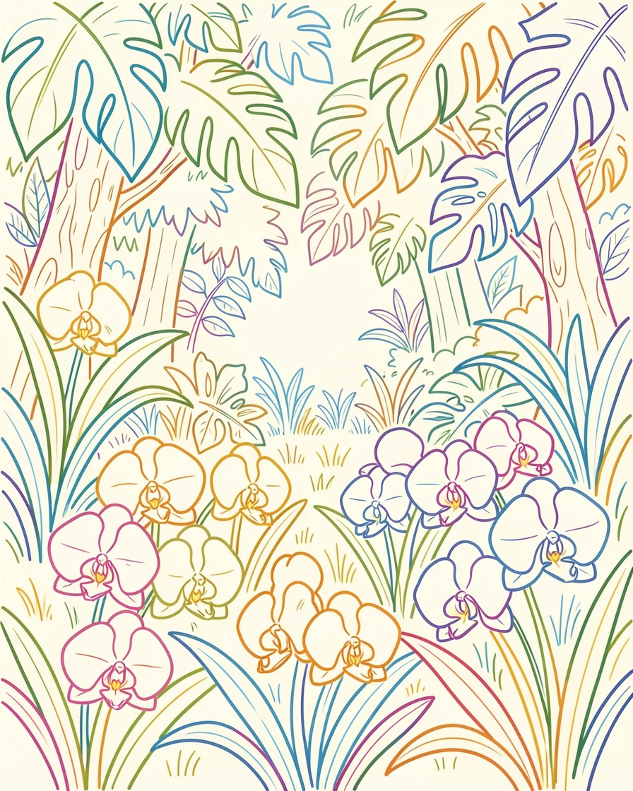 A field of wild orchids growing beneath a dense jungle canopy.