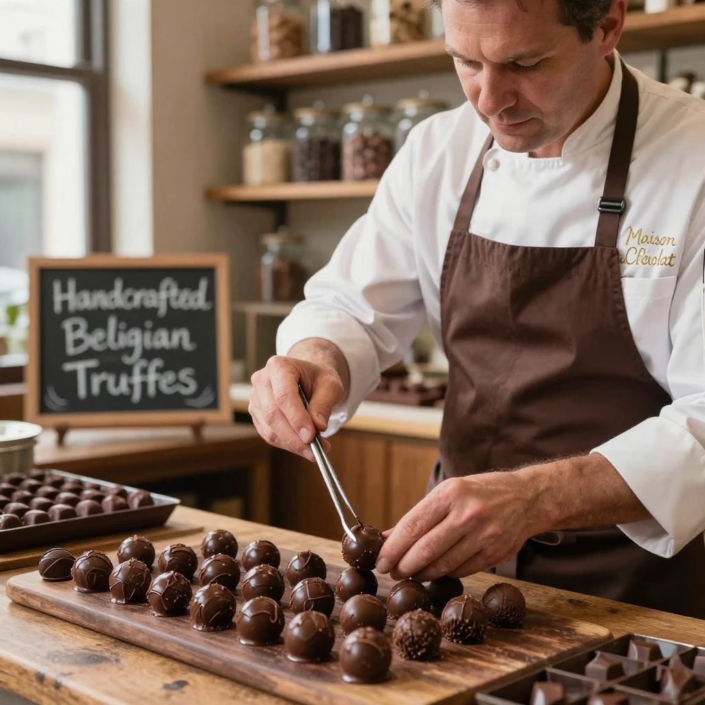 A Belgian chocolatier hand-dipping truffles in dark chocolate