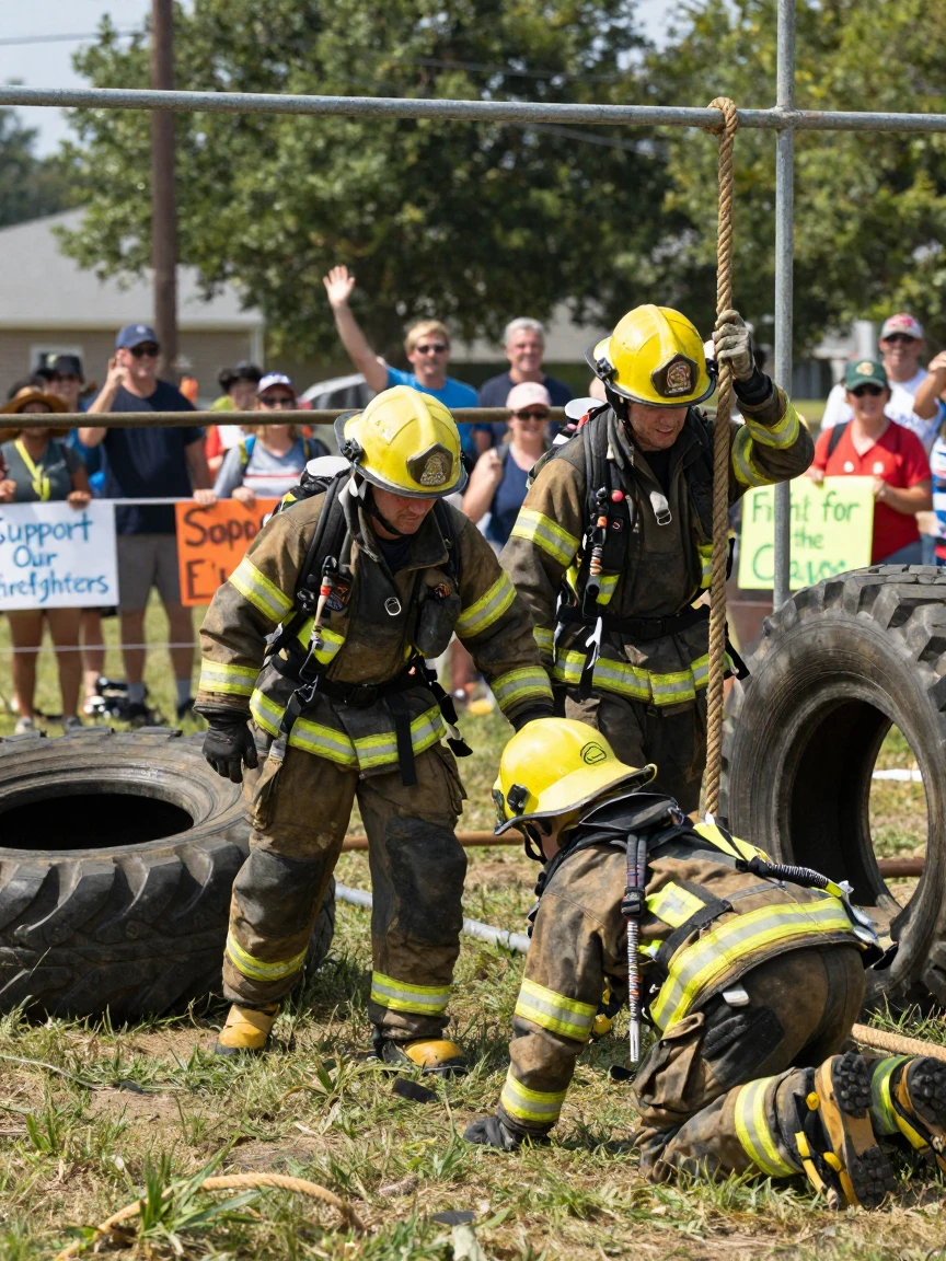A team of firefighters competes in a charity obstacle course race.