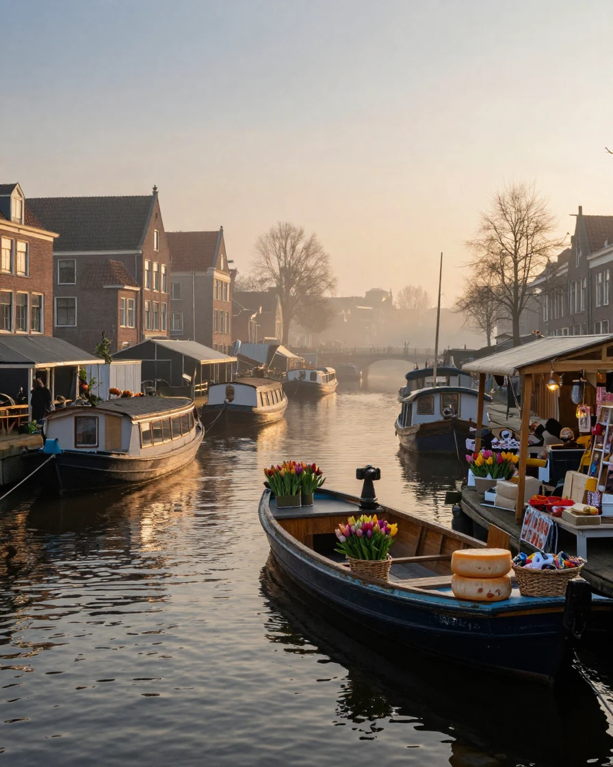 A floating market crowded with wooden boats standing quietly along a quiet canal in the Netherlands