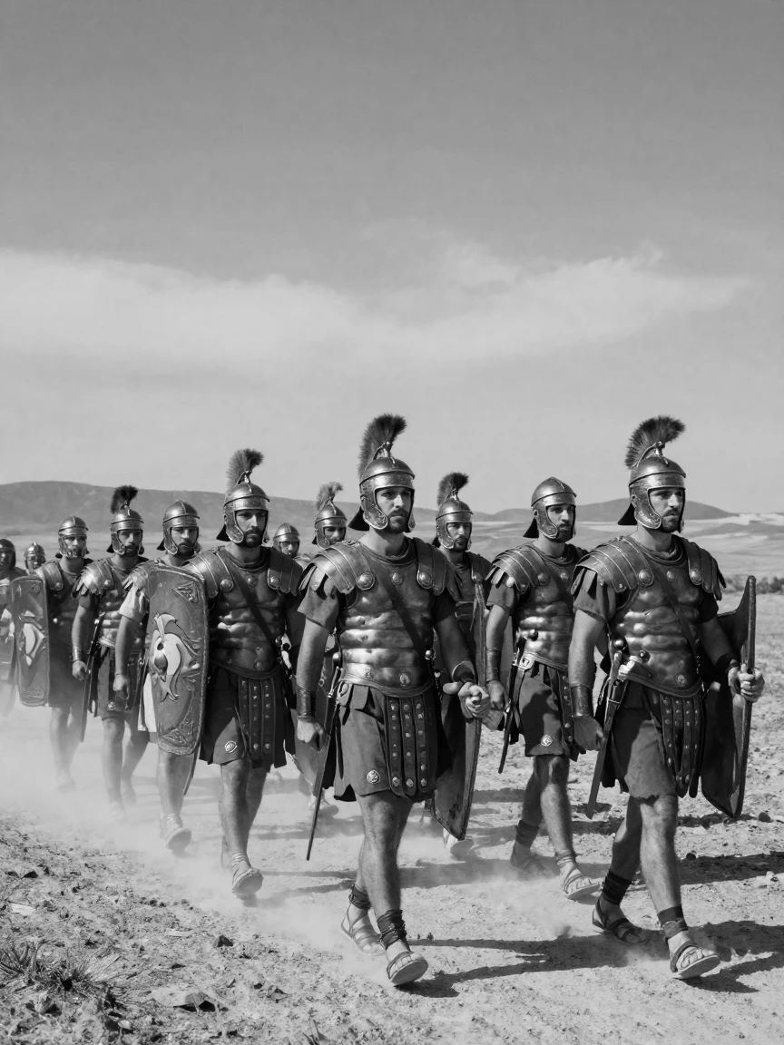 A group of Roman soldiers marches in formation across the plain across a dusty open plain.