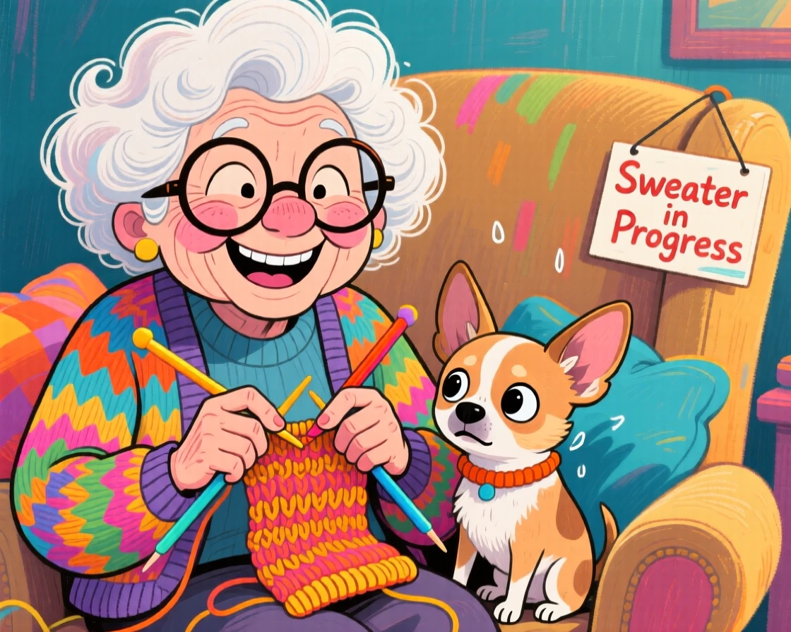 A grandmother knitting a tiny sweater for her shivering chihuahua.