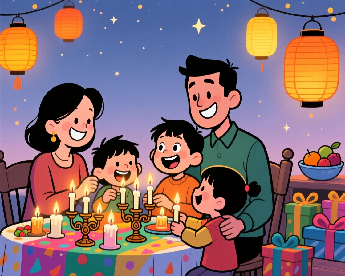 A festive celebration scene of a family lighting candles together during a quiet evening celebration, with warm lanterns glowing softly nearby.