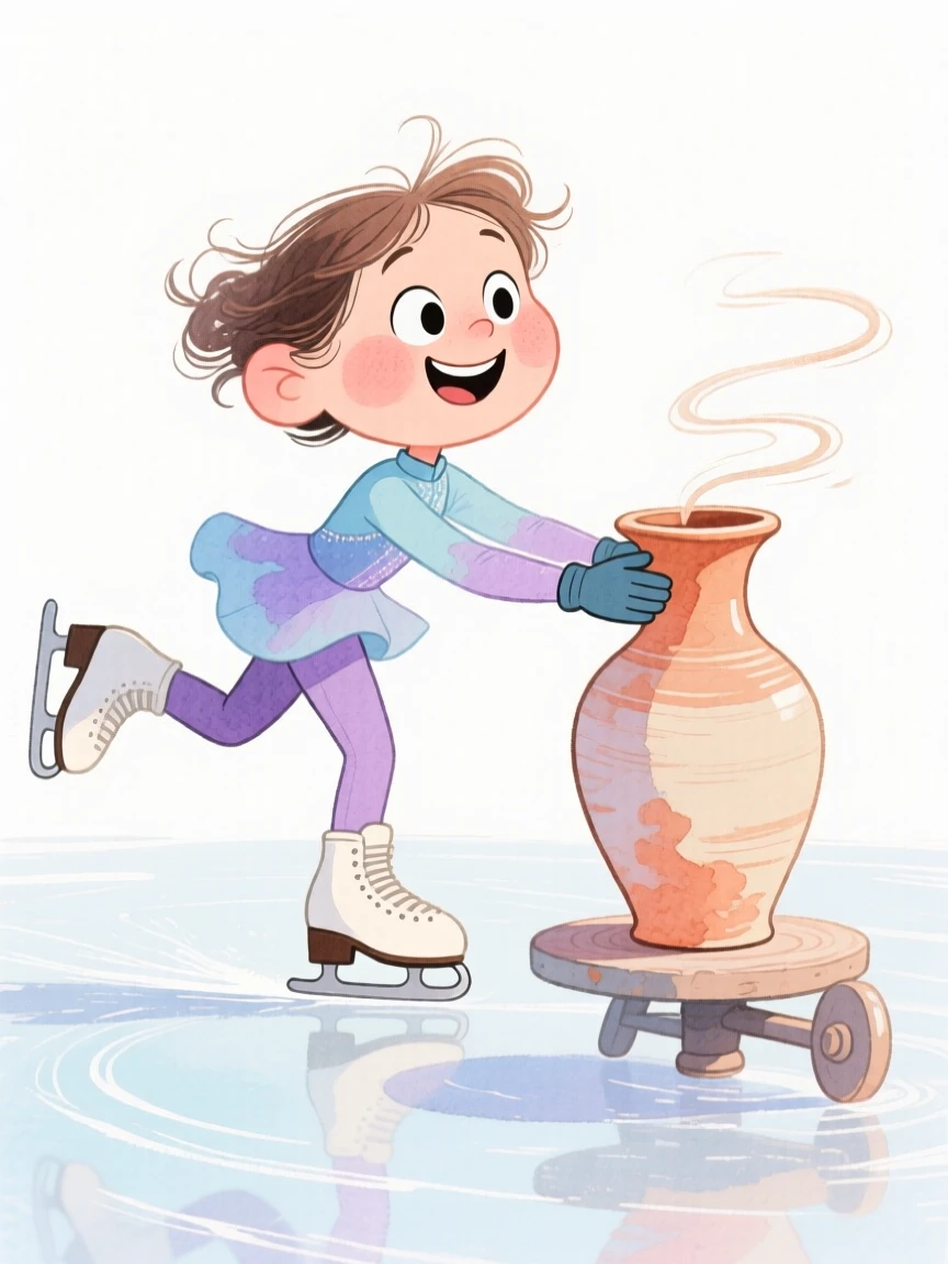 A skater gliding on ice shaping a spinning vase of clay