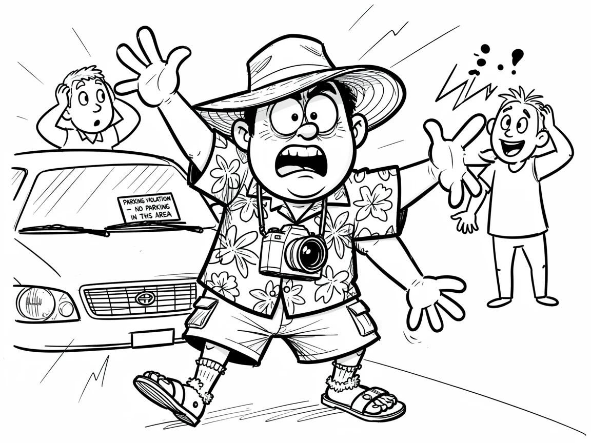 [Funny & Exaggerated Situations] Comical scene of a sheepish tourist accidentally setting off a car alarm, exaggerated for maximum laughs
