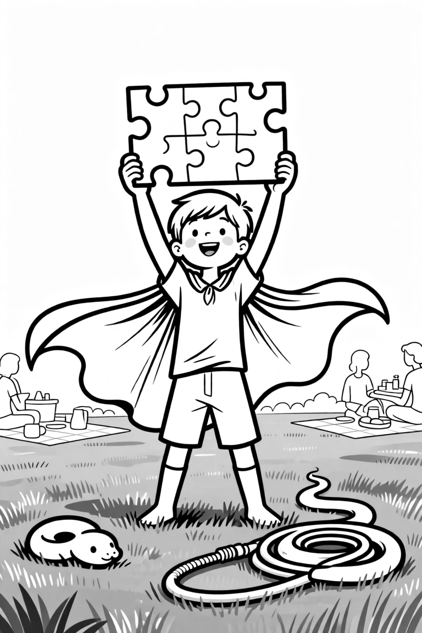 A kid triumphantly holding up a finished puzzle, striking a heroic pose with the cape billowing, set on a lawn during a family gathering. A garden hose lies coiled like a sleeping snake. It feels like a cherished memory frozen in time.