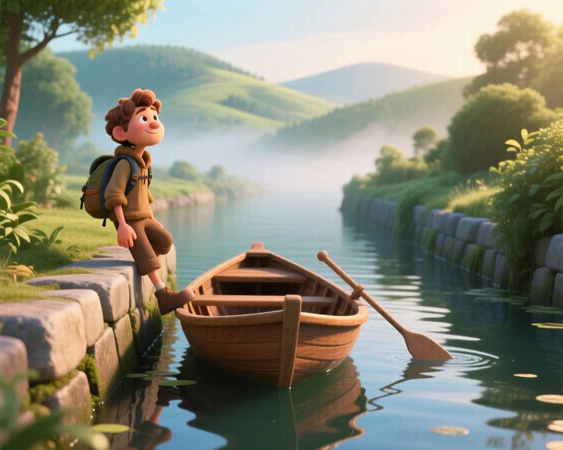 A solo hiker pausing to rest stands on a small boat gliding through a quiet canal, resting on a stone ledge to admire the scenery. The scene feels vast, calm, and full of possibility, with a light mist clinging to the distant hills.
