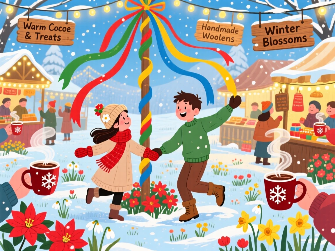 In a sparkling winter market, a young couple celebrate together by dancing around a maypole in a flower-filled meadow, while warm cocoa steams in every hand.
