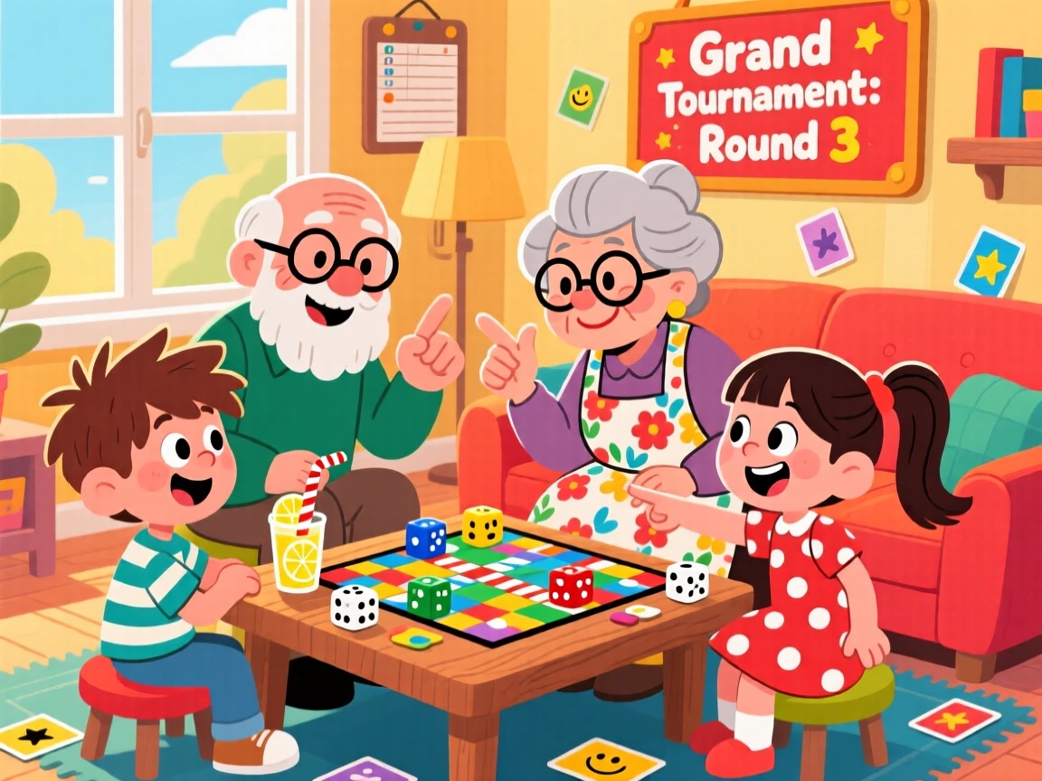 Kids and grandparents playing a lively board game tournament.