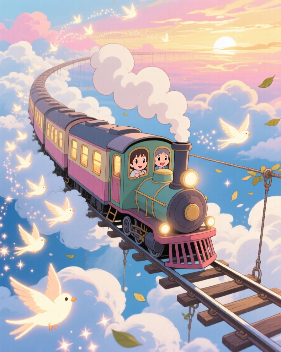 A train that runs on rails suspended among the clouds, where a flock of luminous birds trailing light behind them can be seen nearby, the atmosphere whimsical and joyful.