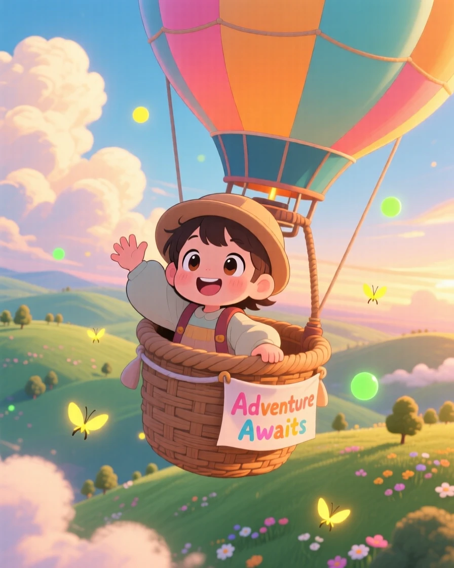 High aerial view of a small child, waving from a hot air balloon basket, in a sky full of fluffy clouds over rolling hills, as fireflies begin to glow at dusk, illuminated by soft golden-hour sunlight, radiating wide-eyed wonder.