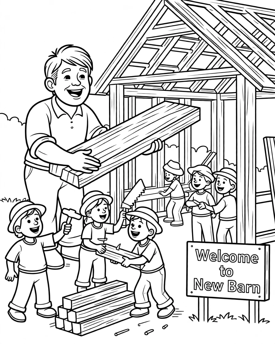 A friendly giant helping villagers build a new barn