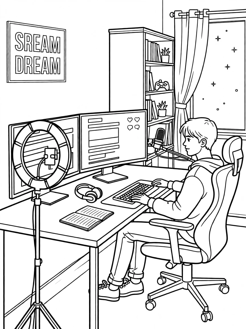 A streaming setup with ring lights and a microphone, with notification icons subtly glowing on the screen.