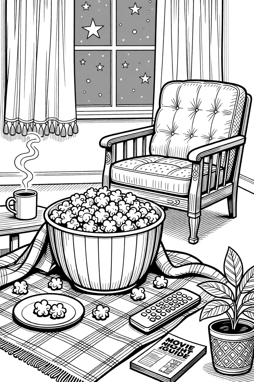 A cozy popcorn and movie night scene with a striped bowl and blanket.