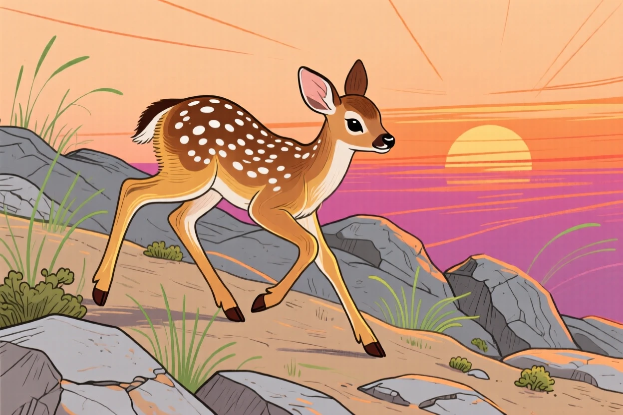 A spotted fawn playing on a rocky hillside at sunset.