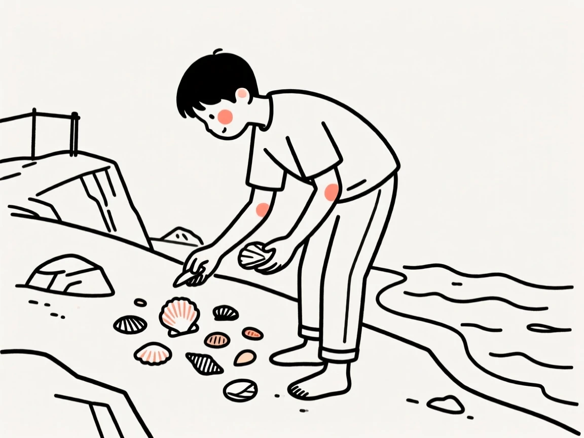 A young man of Korean heritage collecting seashells along the tideline, on a mountaintop overlook.