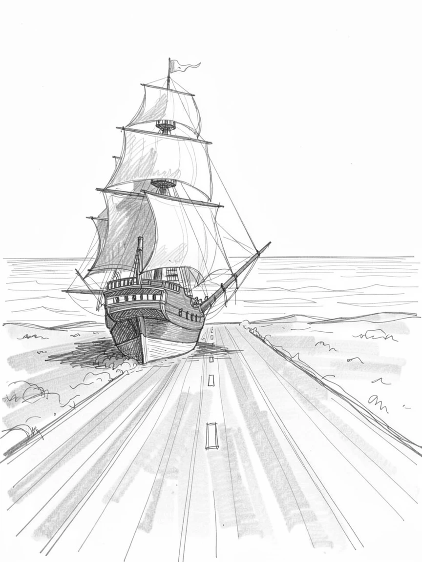 A striking scene of a tall ship with full sails at sea on a dusty desert highway, with the ocean stretching out beyond.