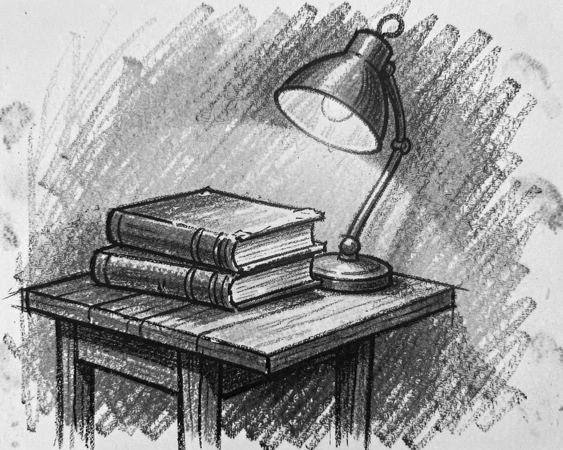 A stack of well-worn books beside a reading lamp, on a quiet, peaceful afternoon.