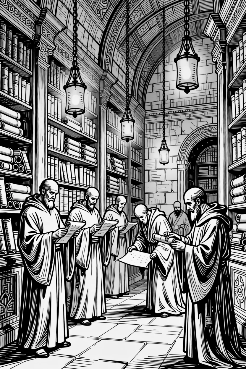An ancient library filled with scrolls as lanterns begin to glow in the evening light, with a sense of ceremony in every gesture, portrayed in a quietly majestic historical scene.
