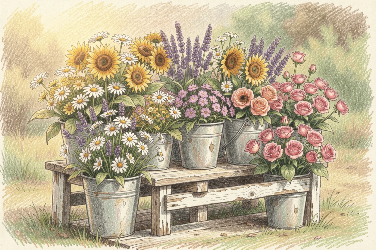 A rustic flower stand overflowing with buckets of fresh-cut blooms, with soft, natural light bringing warmth to every detail, evoking nostalgia and a deep sense of contentment.