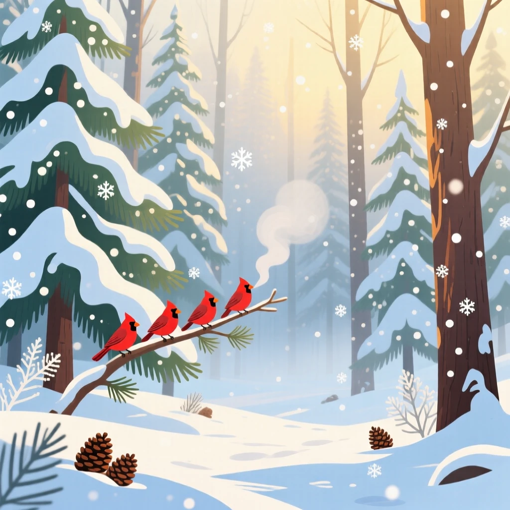 A snowy pine forest glittering under soft winter sunlight, surrounded by gentle seasonal weather elements, composed with cozy, inviting seasonal warmth, with charming small details that evoke the season perfectly.