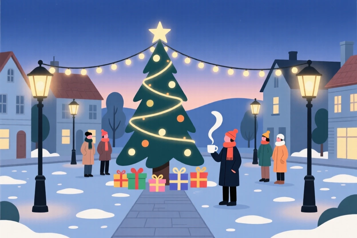 A Christmas celebration with glowing lights filling a small town square.