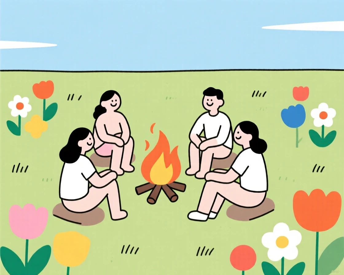 A joyful summer bonfire gathering taking place in a sunny garden, decorated with fresh flower arrangements, full of shared happiness.