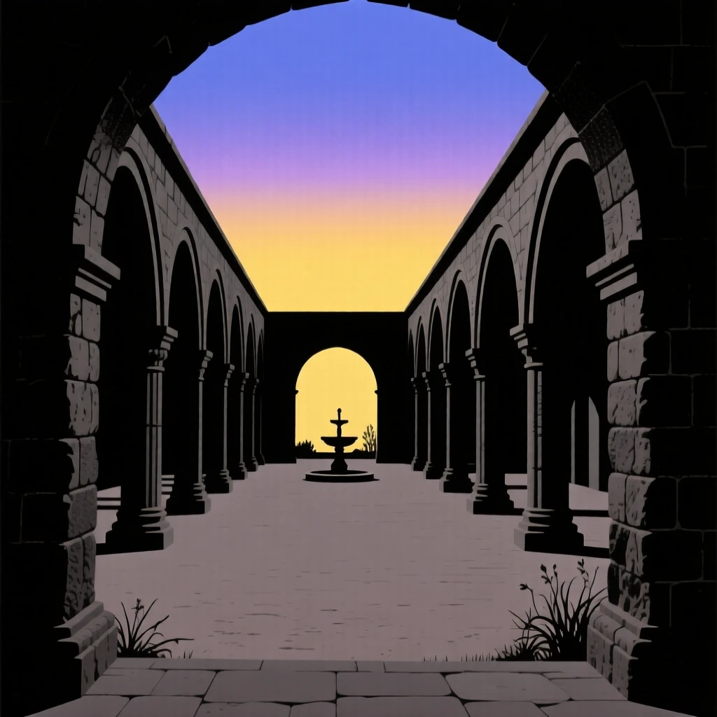 A quiet monastery courtyard framed by rows of stone archways.