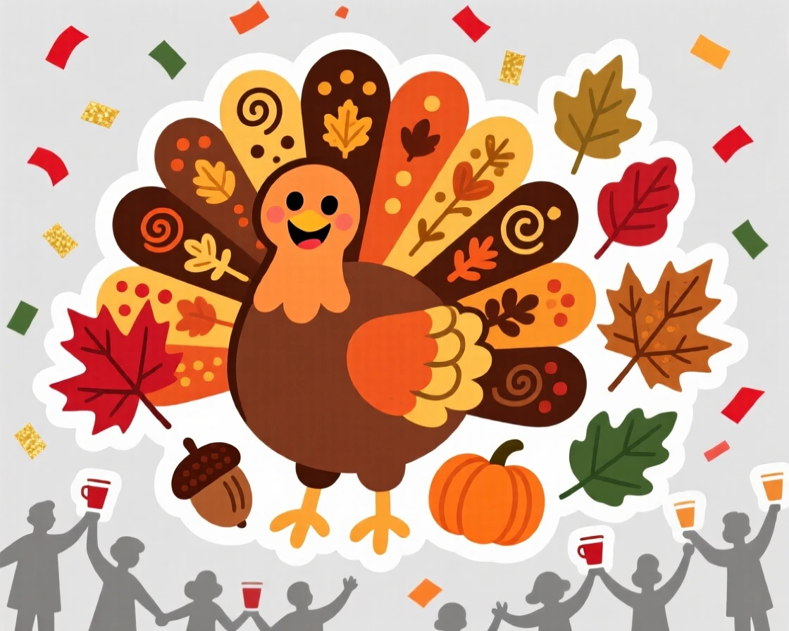 A cheerfully decorated turkey-shaped centerpiece surrounded by autumn leaves, surrounded by falling confetti, as the whole neighborhood celebrates together.