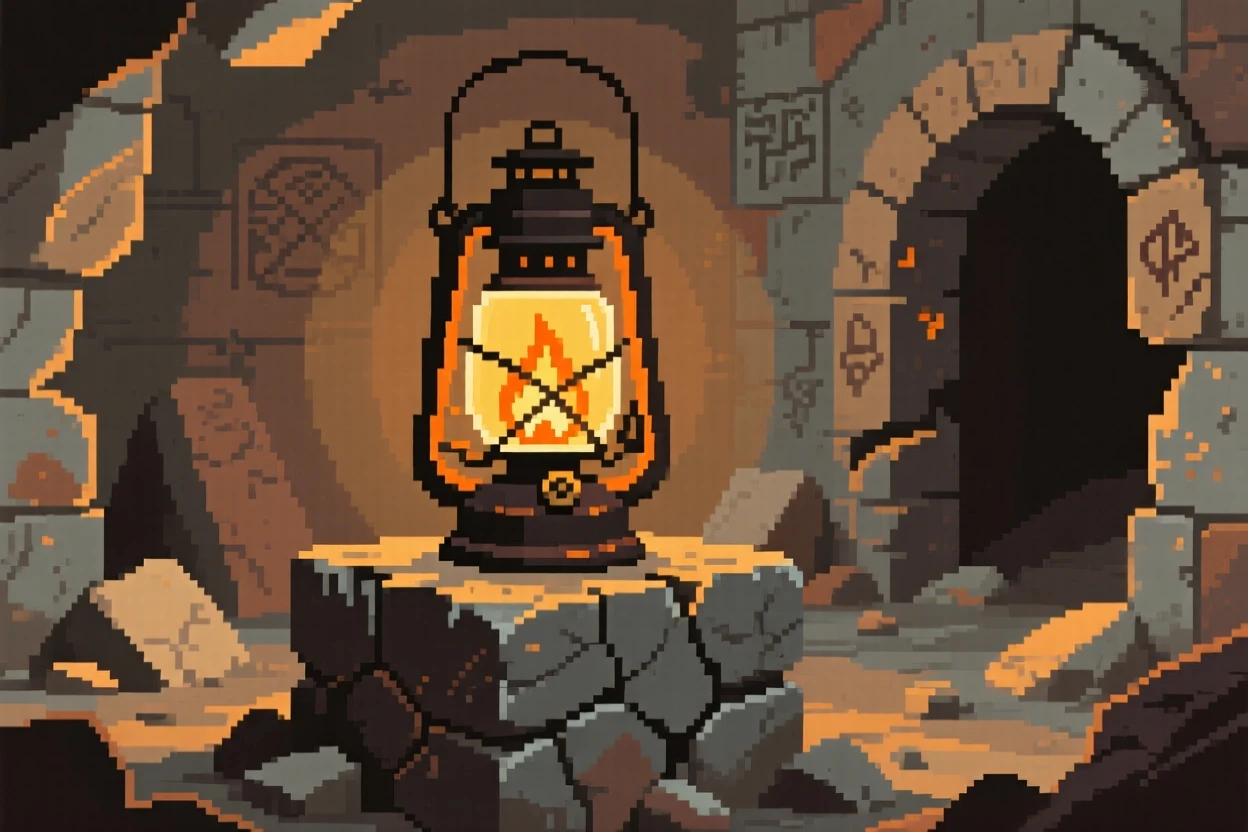 A lantern that never runs out of oil placed on a stone pedestal in a ruin, within an ancient hidden vault.