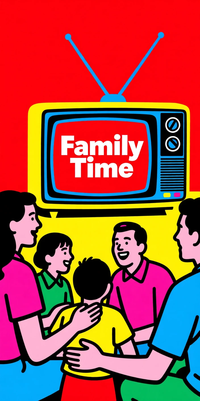 Retro television set with a family gathered around