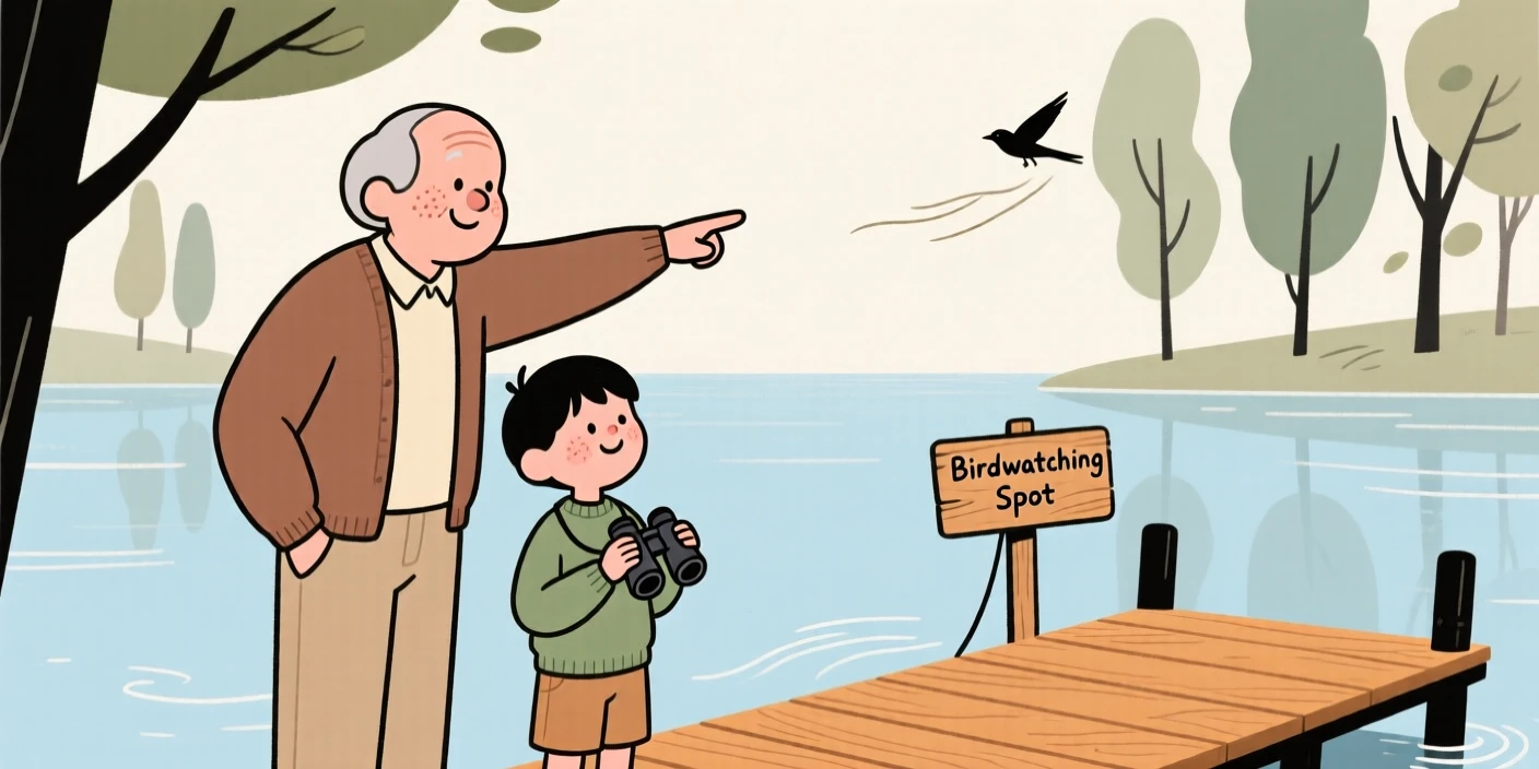 A grandparent shows a young grandchild how to identify birds by their calls in the lakeside dock, both taking their time as a light breeze moves through the trees.
