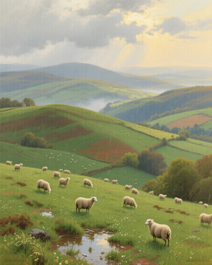 A bird's-eye view of rolling countryside hills dotted with grazing sheep, in late afternoon, during a gentle spring shower.