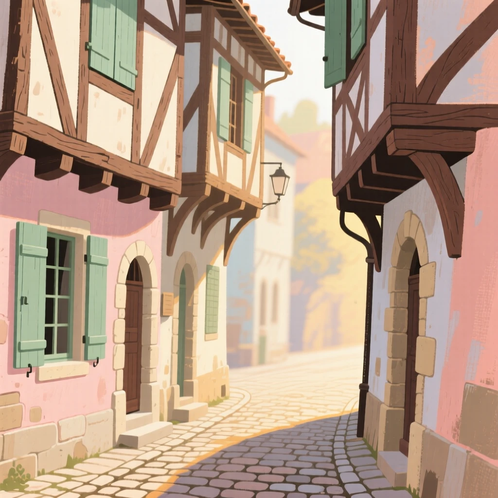 A narrow medieval street with overhanging upper floors nearly touching
