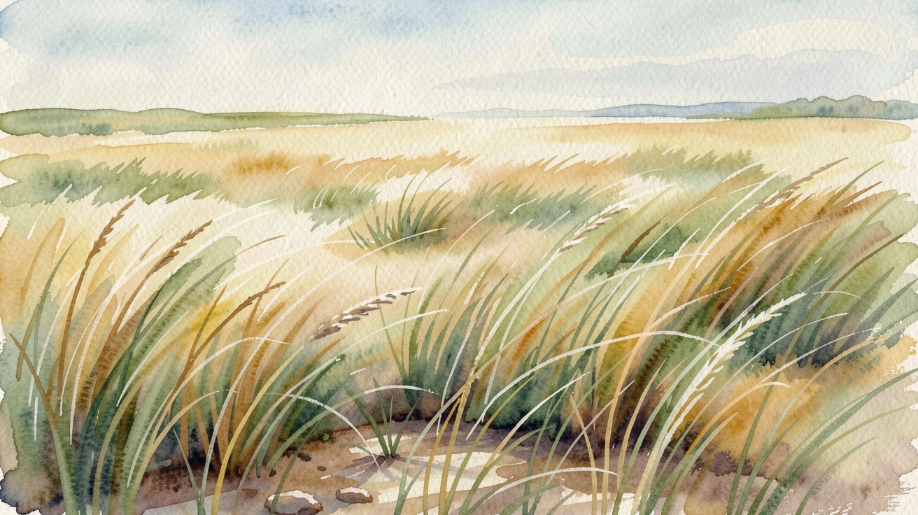 A wide open field of tall grass swaying gently in the wind under a soft and peaceful light.